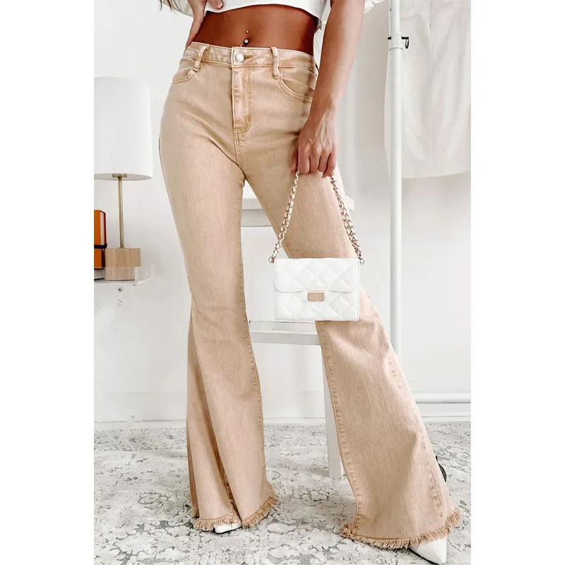 High Quality Womens Plus Size Khaki Raw Edge Mid Waist Flared Jeans