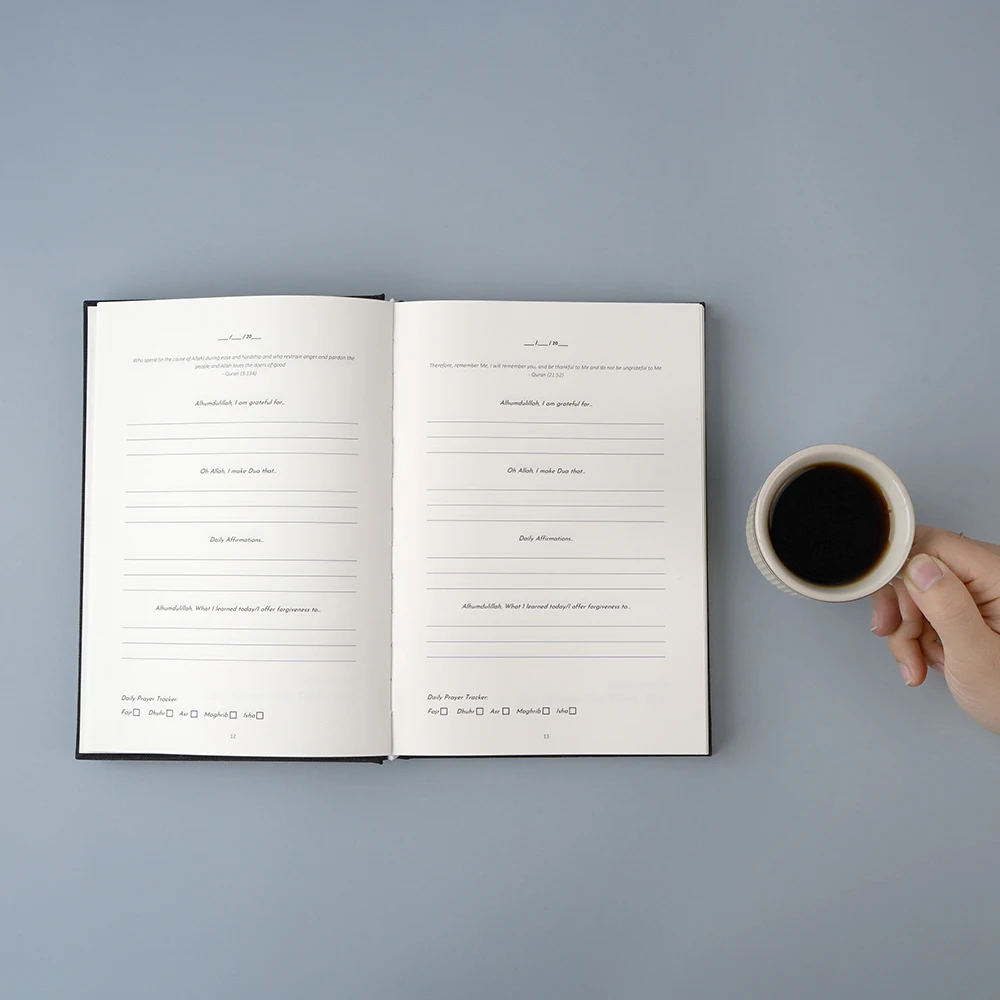 Daily planner affirmation prayer journal gold foil stamping logo black fabric linen notebook custom book printing bible journal