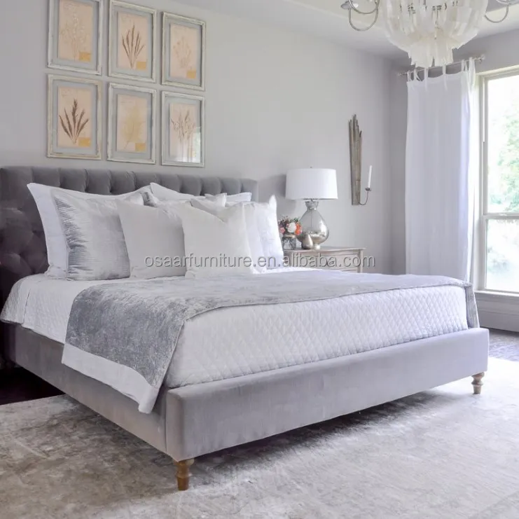 Contemporary Bedroom Furniture French Design King Size Grey Velvet Upholstered Tufted Bed