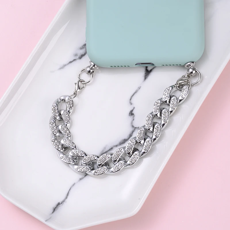 Women  crystal Gold Silver Colors Acrylic Mobile Phone Chain DIY Phone Lanyard Key Beaded Pendant Hold Straps Gift Accessories