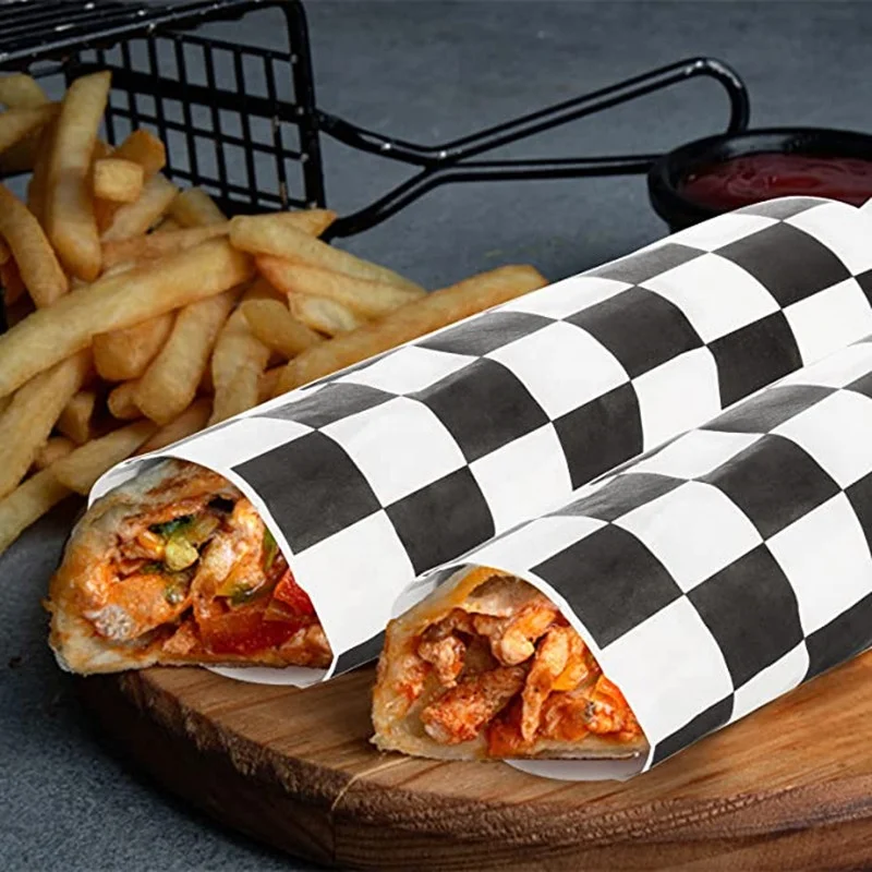 500pcs customized rectangle square food wrappers printed baking oil paper greaseproof black and white checkered parchment paper