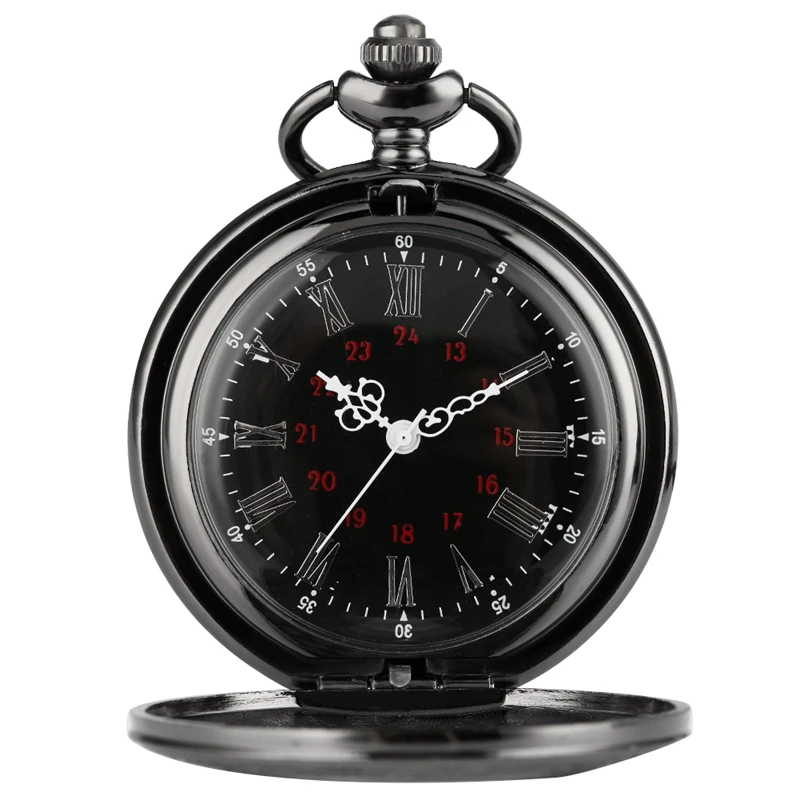 PK1  Black Roman Numerals Quartz Pocket Watch Men Women Black Hollow Case Steampunk Vintage Pendant Necklace  Watch