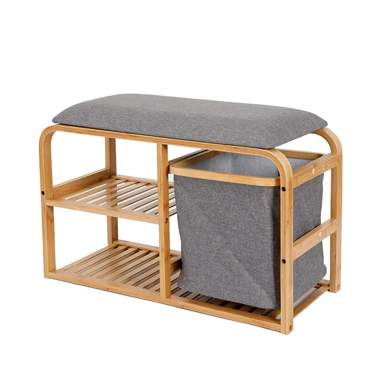 Wholesale Natural Grey NonSlip Feets Storage Shelf Bamboo Shoe Rack Bench with Seat