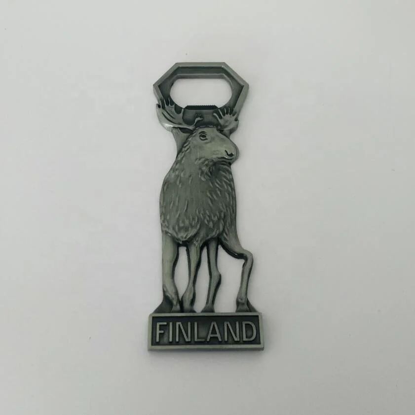 Free mold Finland metal reindeer shape fridge magnet wholesale cheap metal beer bottle opener