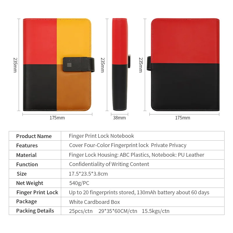 Custom Logo A5 Loose Leaf Pu Leather fingerprint Lock notebook Hard Cover 6 Binder Diary Notebook with fingerprint lock