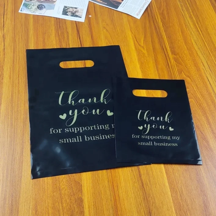 Eco-friendly LDPE Recyclable Plastic boutique thank you die cut handle  bags 20*30cm 2mil merchandise retail gift packing bag