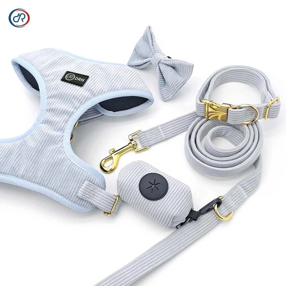 In stock wholesale adjustable corduroy dog harness and leash collar pop bag set