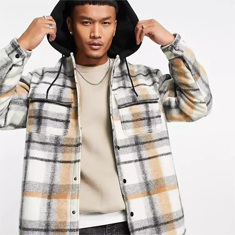 OEM custom button open oversized woolen Irregular plaid with black hood fashion winter jacke