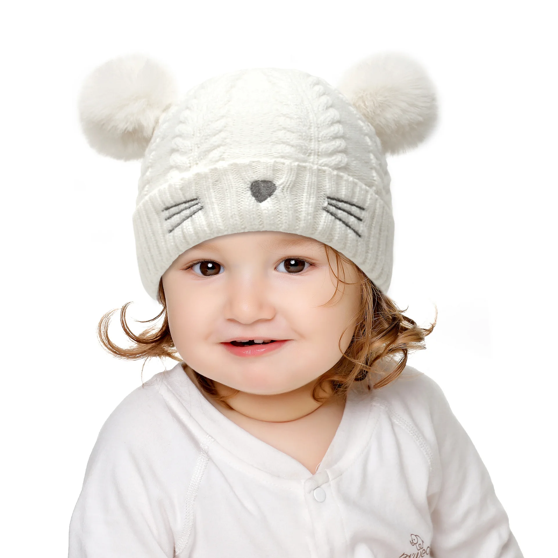 2022 New cute design winter baby hat cat design knitted pompom kids beanie hat