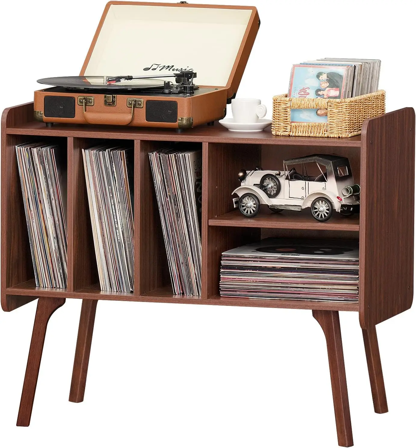 Walnut wood vinyl record storage holder display stand and record player stand table