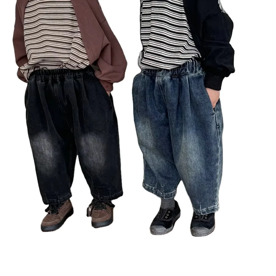 Children autumn new style grinding white jeans for boy girl loose carrot pants cropped pants