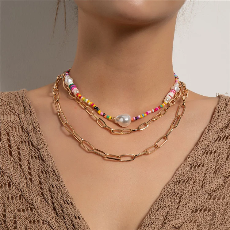 Hot Selling Colorful Polymer Clay Acrylic Rice Beads Pearl Necklace Boho Gold Plated Cuban Chain Necklace for Women