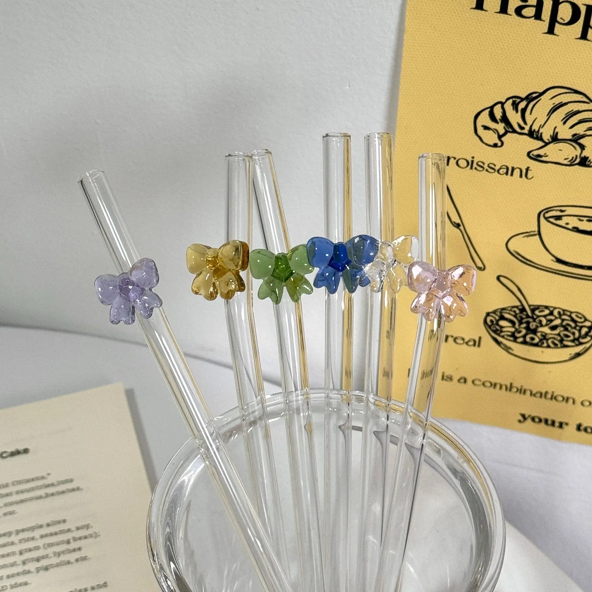 Reusable Borosilicate Butterfly Glass Straw Clear Colored Bent Cocktail Straw Drinking Straw