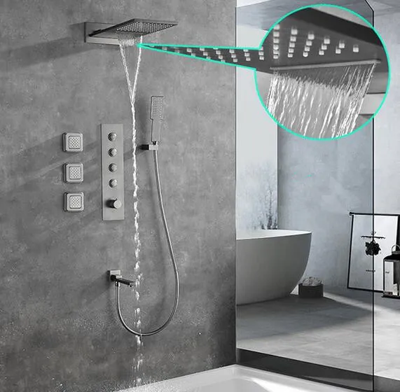 Large Flow Gun Gray Brushed Gold Rainfall Waterfall Shower Head 5 Way Thermostatic Shower System Shower Faucet Set with Body Jet