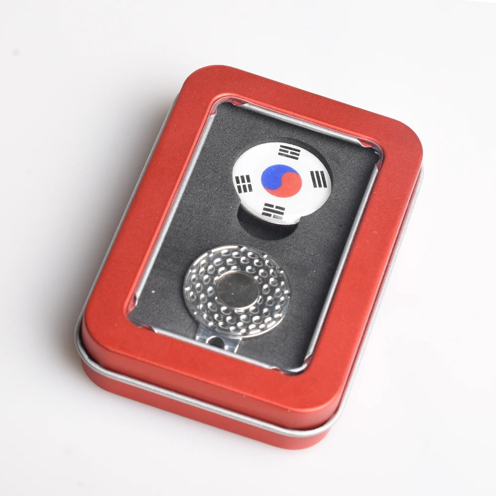 Wholesale South Korea Flag Golf Ball Marker Hat Clip Tinplate Box Golf Gift Flag Hat Clip Marker Magnetic Hat Clips