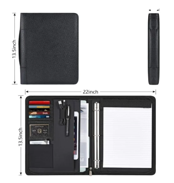 PU Leather Padfolio Business Resume Portfolio for A4 Document File Bag Zippered Business Padfolio with Notepad