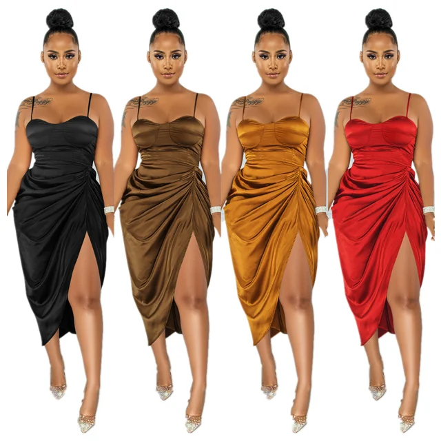 2022 spring plus size solid color ruched bodycon dress summer sexy Split nightclub dress
