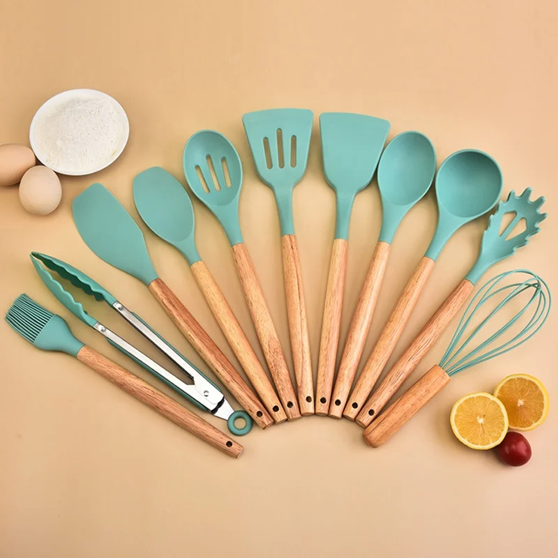 Multi-Functional 12Pcs Silicone Kitchen Utensils Set Wooden Handle Cooking Utensil Spatula Set