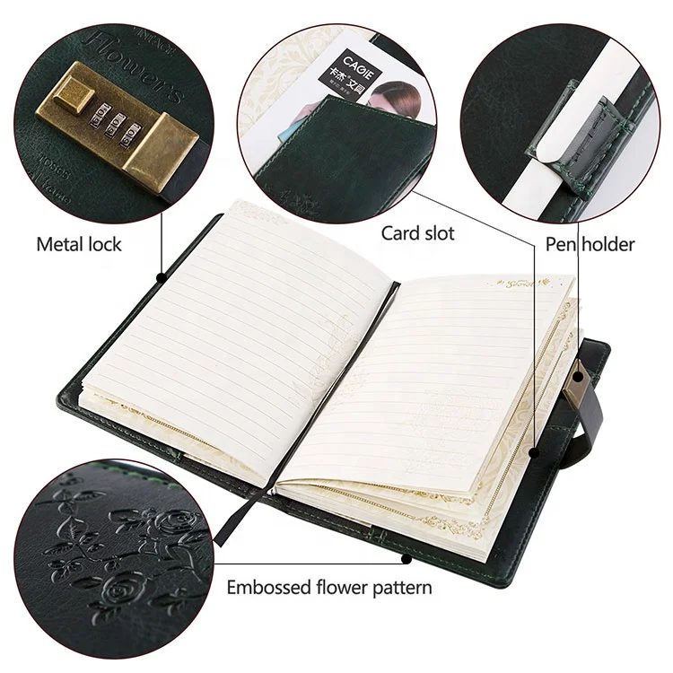 High-end quality vintage pu travel journal custom floral notebook lock diary