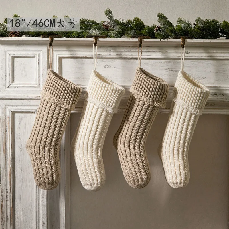 2025 New Beige Large Candy Wool Xmas Decorations 18' Striped Christmas Stockings With Tassels