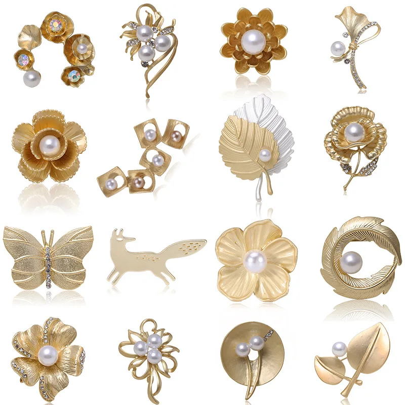 Fashion Dull Gold Brooch Scarf Lapel Pin Rhinestone Brooches Pins Trendy Jewelry Accessories Leaf Pearl Brooches For Women Gifts