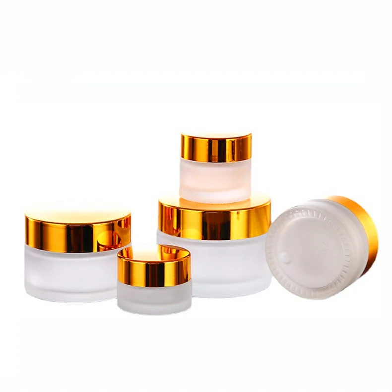 Luxury delicate Empty frosted 5-100g glass Container Face Cream Jar with shining gold aluminum cap