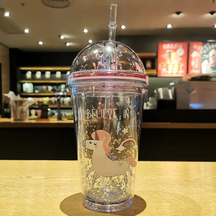 2021 New Summer Cold Straw Cup Cute Sequin Unicorn Water Bottles For Girl