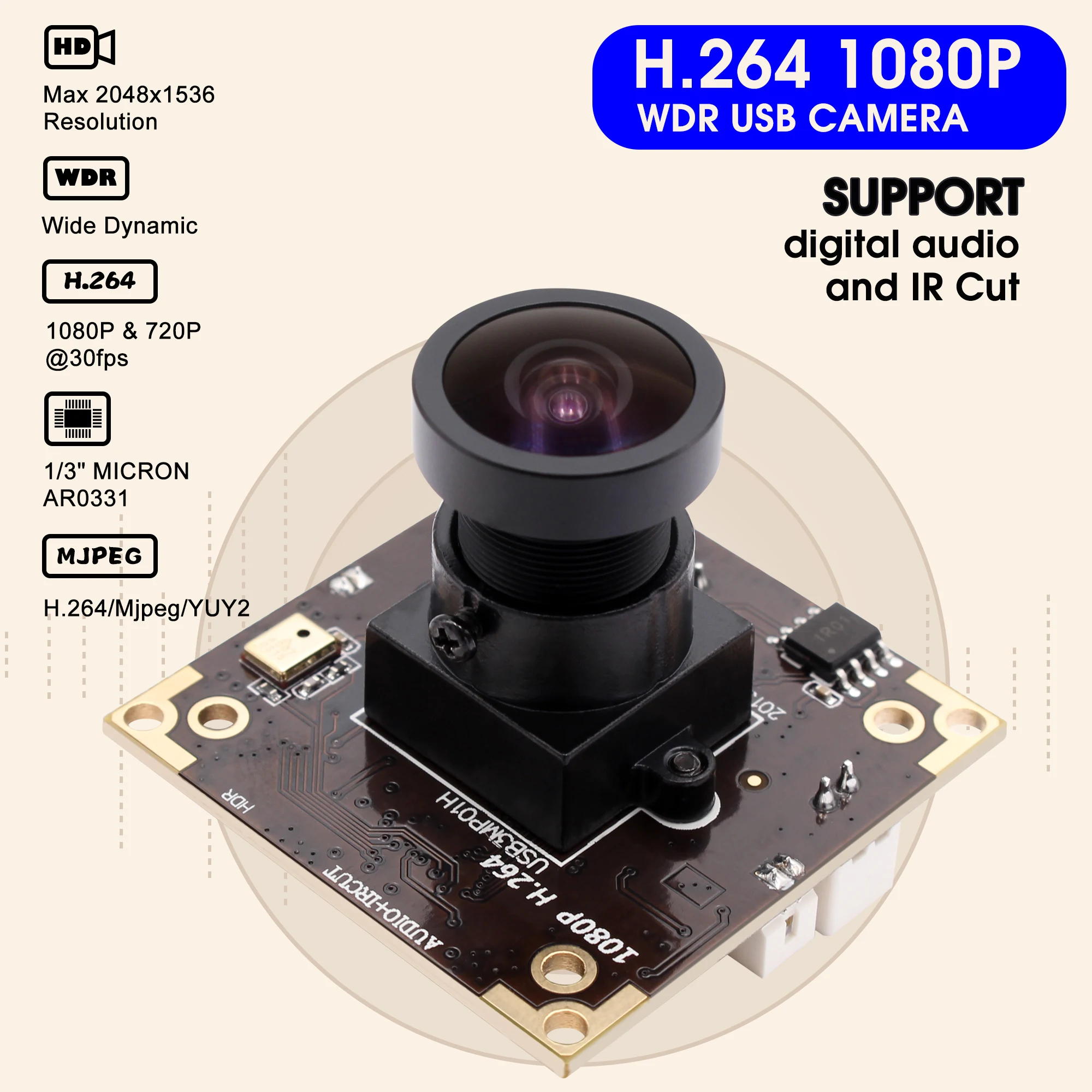 ELP Web Cam WDR H.264 HD 30fps 3mp Audio Camera PCB Mini Board Industrial Camera Module Wide Angle with 2.9mm lens