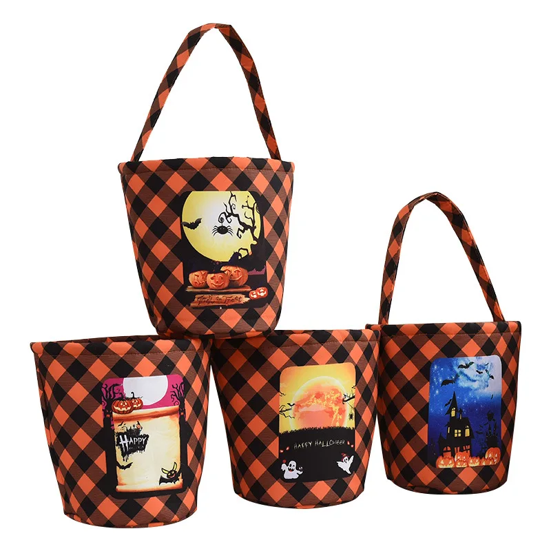 Customized Halloween Gingham Basket Pumpkin Orange Printed Coffin Pattern Halloween Basket Wholesaler