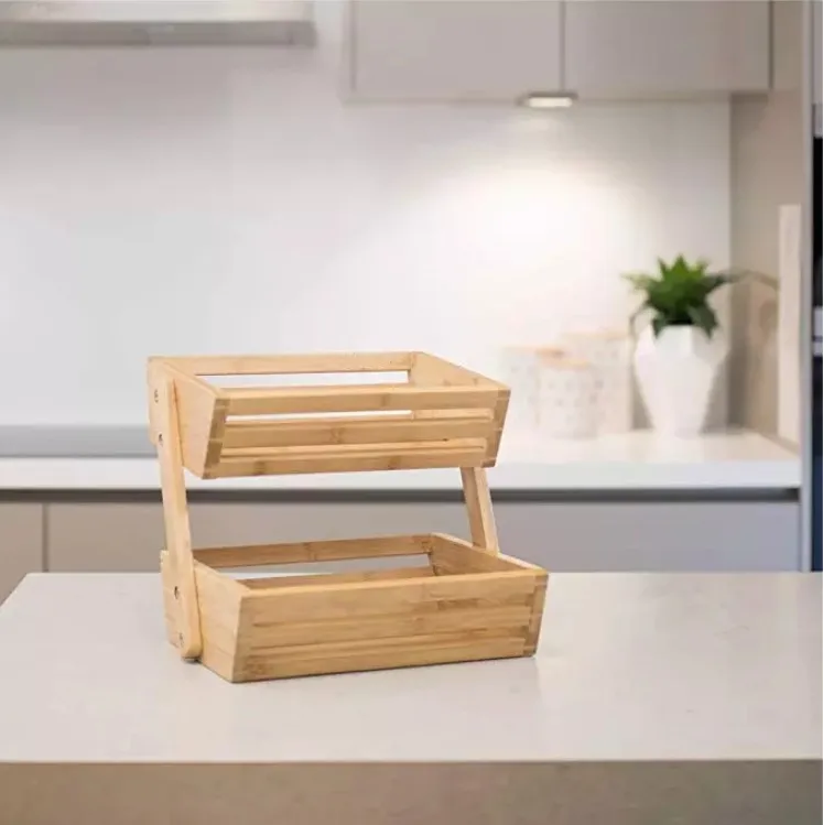 Nature Bamboo Fruit Basket  2 Tier Fruit and Vegetable Storage Stand for Kitchen Countertop Solid Design and Breathable