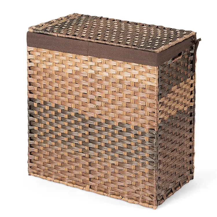 Brown Grey Folding Handwoven Laundry Hamper Removable Liner Bag Synthetic Plastic Rattan Basket