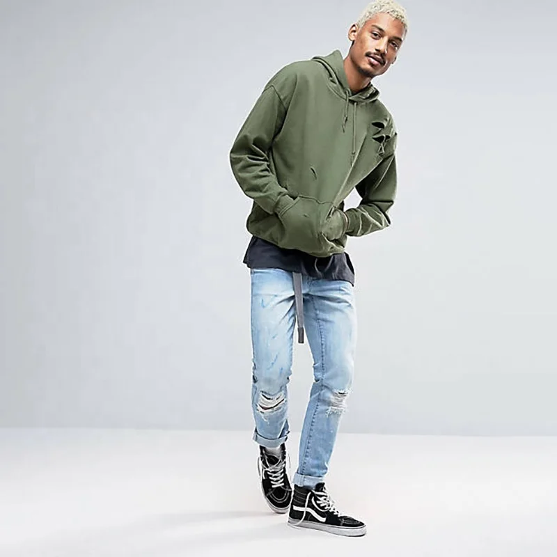 New Season Hoodie Supplier Drop Shoulder Hole Cloth Pullover Green Distressed Hoodie