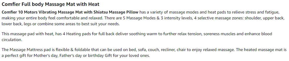 Comfier New Coming electric  massage mattress mat topper with shiatsu massage on neck pillow