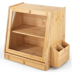 Wholesale Kitchen Countertop 2-Tier Bamboo Bread Box Bin Bamboo Bread Container Cabinet Organizer with Transparent Window
