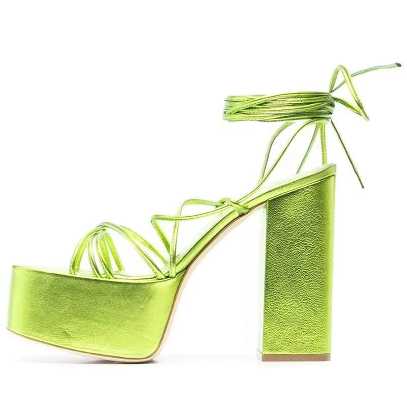 Beauty Summer Lace Up Chunky High Heel Shoes Platform Open Toe Cross Band Surface Women Summer Sandals