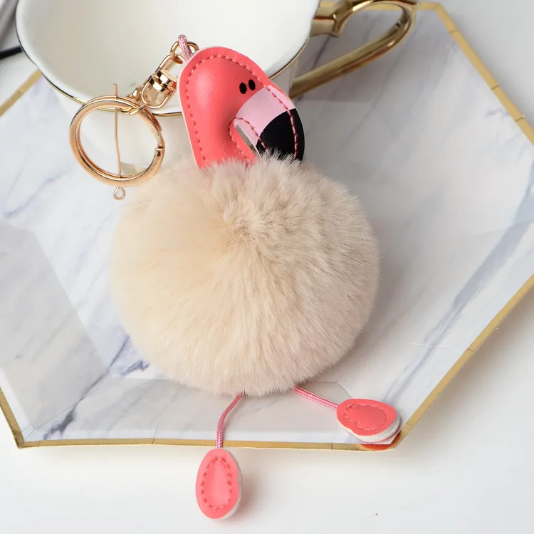 
Lovely Fluffy Artificial Plush Fur Ball Key Chain Animal Bird Women Car Bag Key Ring Custom Pompom Flamingo Keychain 