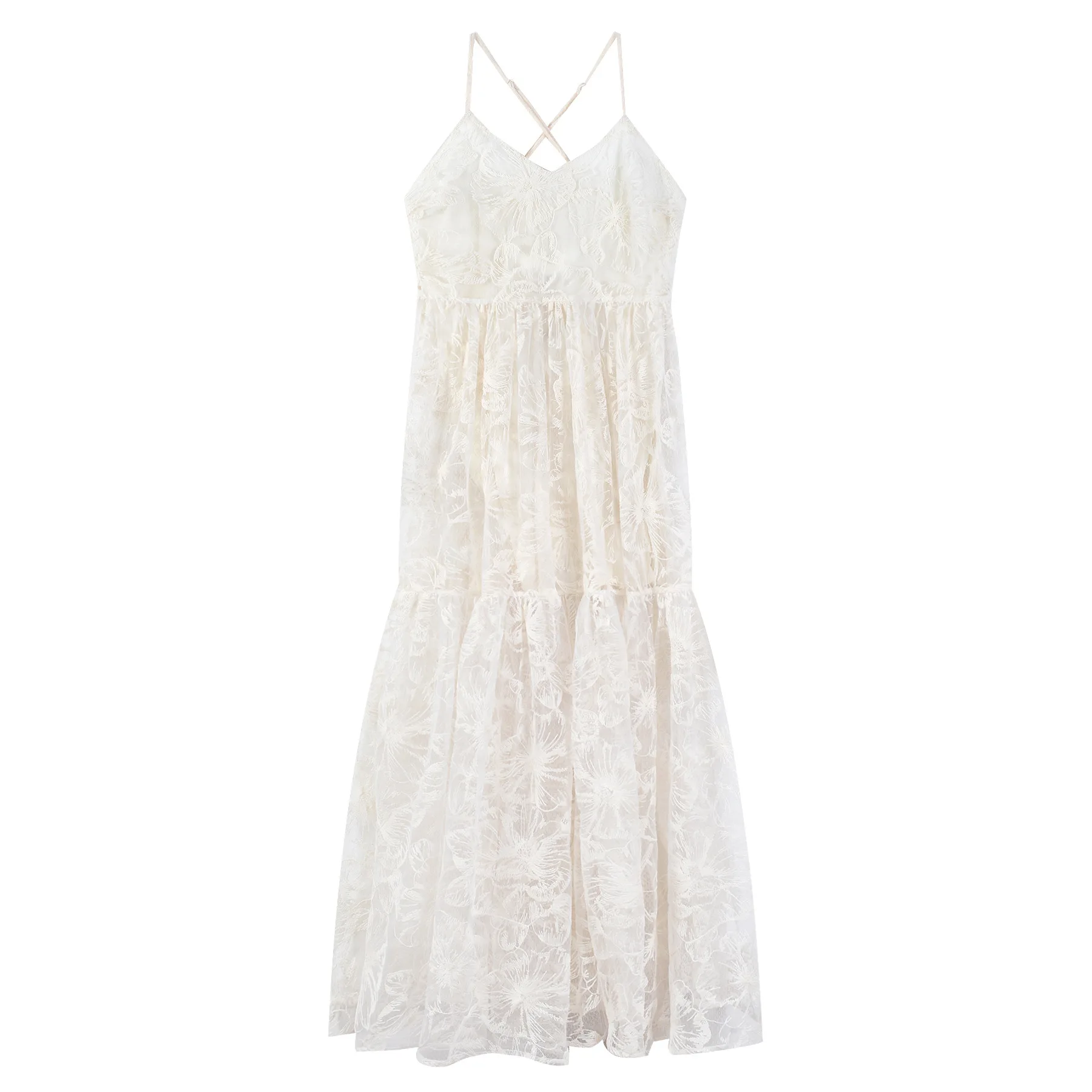 2023 Summer Stylish Solid Cloth Lady 2023 V-neckline Sleeveless Fine Workmanship Embroidery Lace Women Maxi Slip Dress White