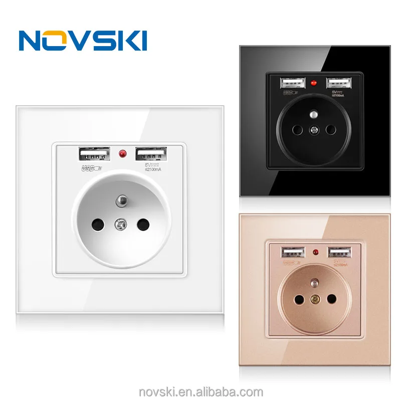 Novski tempered glass panel 86mm * 86mm dual USB control power socket 16A 250V, luxury embedded wall socket USB socket 5V 2A