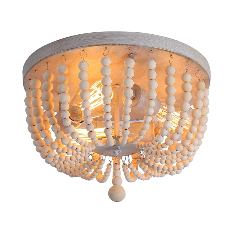 Flush Mount Ceiling light for bedroom white farmhouse ceiling light for entryway  2-lights wood beaded ceiling lamp