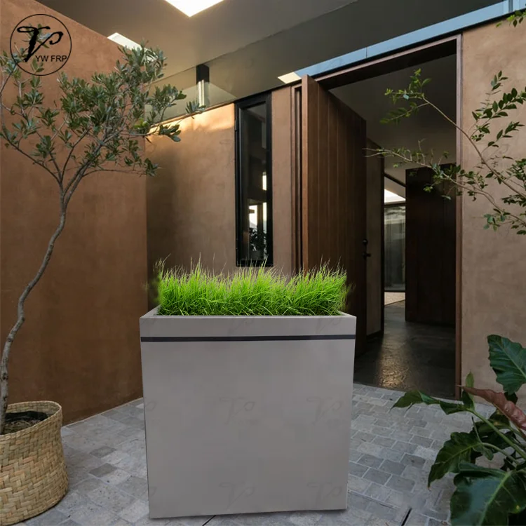 Outdoor garden fiberglass large square sliver standing floor landscape flower planter pot