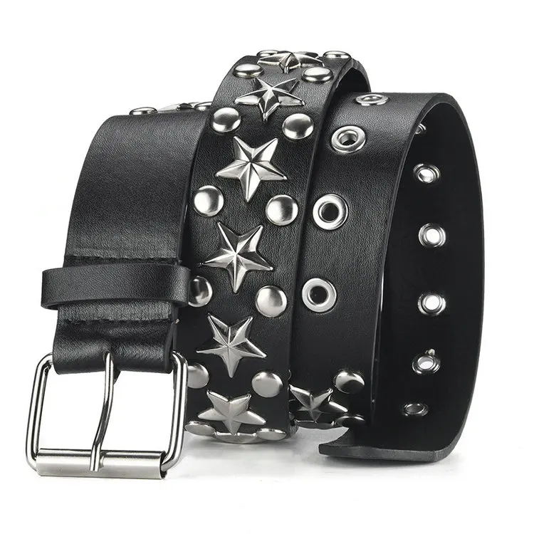QS High Quality Star Studded Black Leather Punk Belt for Men Women