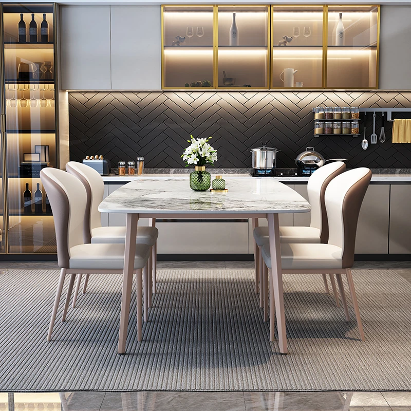 HANYEE Nordic Luxury Modern Home Restaurant Dining Room Furniture Set 4 6 Seater Marble Sintered Stone Top and Metal Leg Base