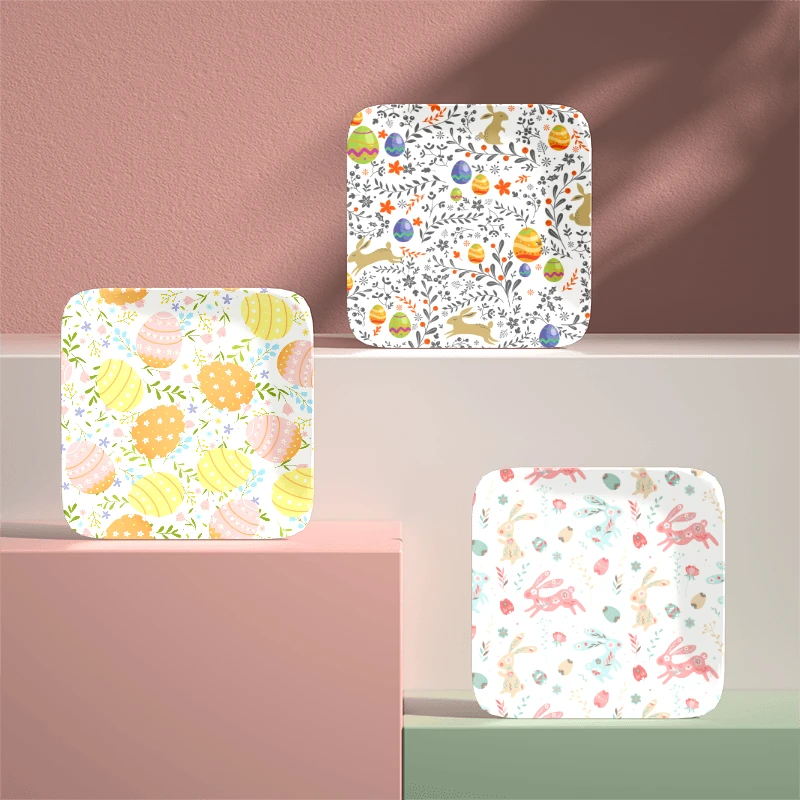 Nordic Style Round Square Egg Easter Ceramic Plates with Rabbit Holiday Dinnerware Porcelain Plates pink marble dish set