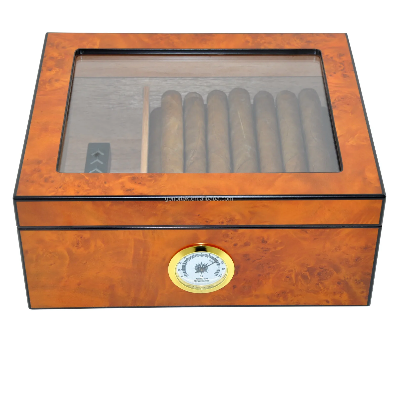 Хит продаж, индивидуальный хьюмидор для сигар, 25 ct_burlwood, светлый сверху, из закаленного стекла, кедровый хьюмидор для сигар