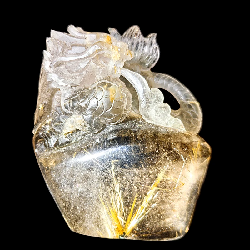 Natural Rutilated crystal carvings china dragon high quality Golden hair crystal Rutile Quartz carved dragon for fengshui
