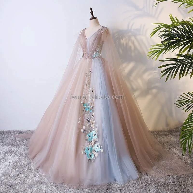 Custom Made A-line 2 Colors Tulle Tiered Evening Party Dress with Long Shawl Applique V-neck Bride Gown for Women
