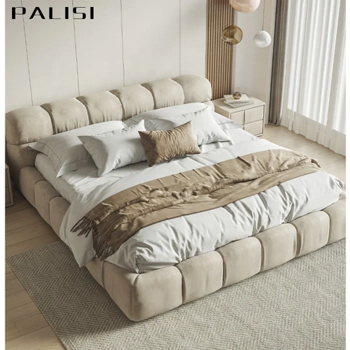 Premium Bedroom Minimalism Tufty King Bed Modern Italian Fabric Upholstered Double Wedding Bed Nordic Style