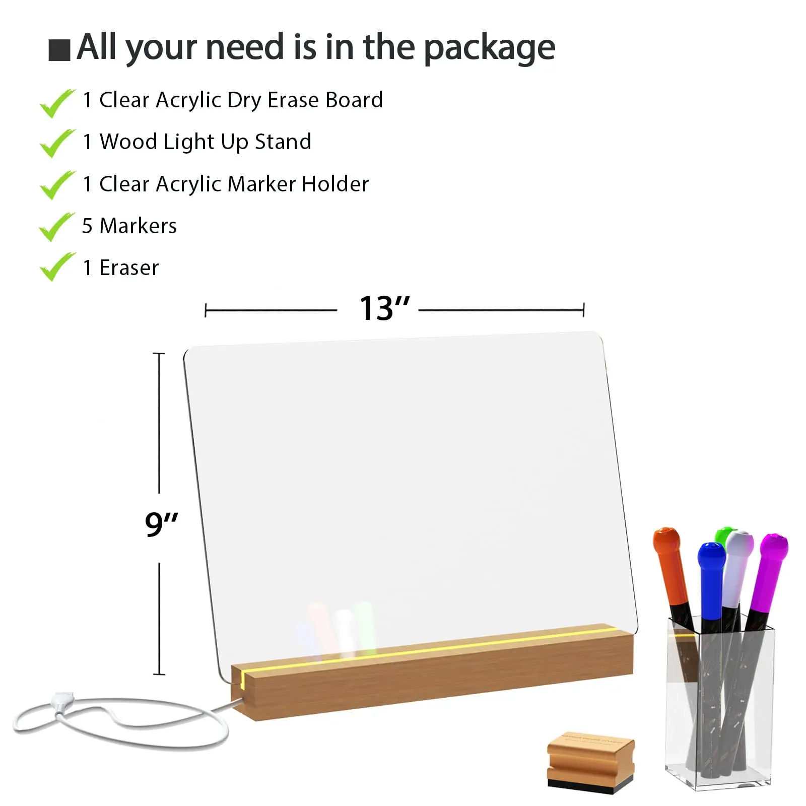 Acrylic Dry Erase Board with Light Up Stand Notepad Table LED Clear Desktop Note Memo White Board
