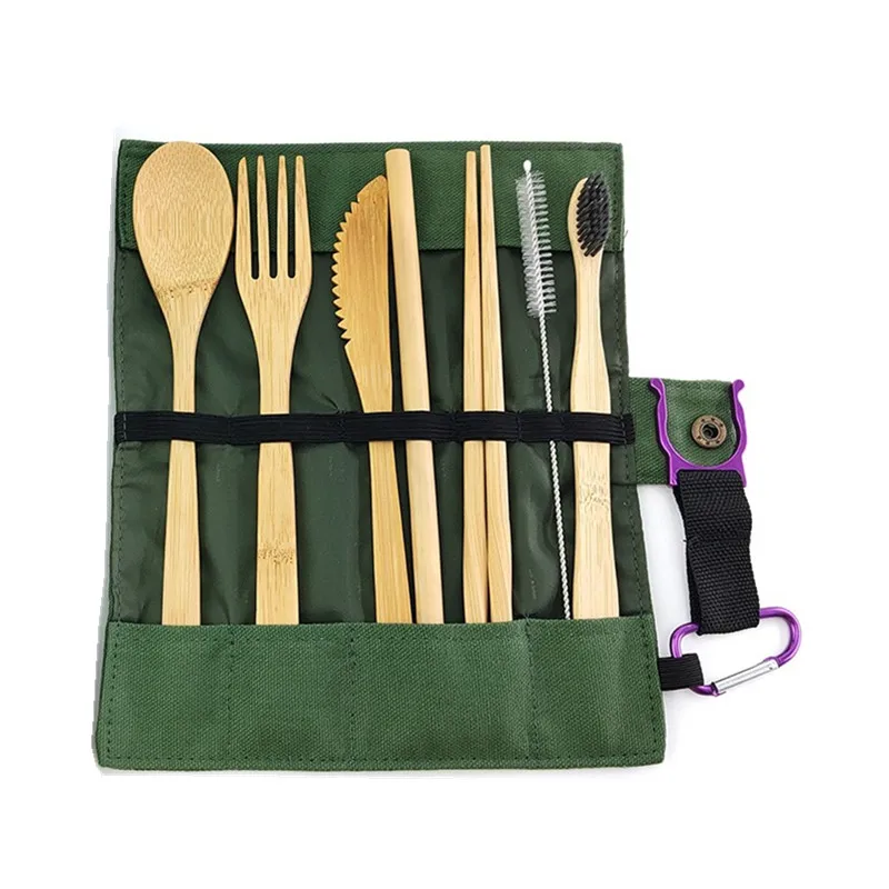 Bamboo dining utensil set knife/fork/spoon/Chopsticks/straw/brush/toothbrush travel cutlery set with custom bag