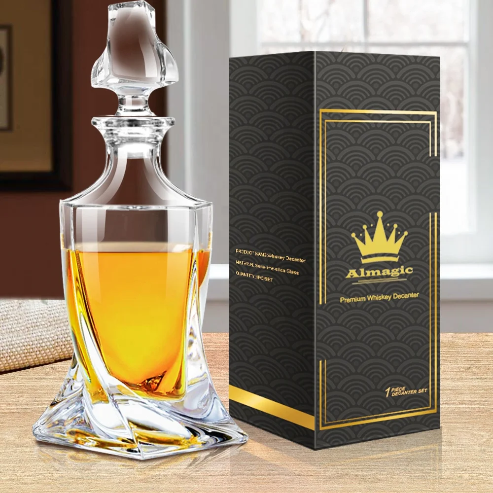 Home Barware Premium 25 oz Crystal Clear Glass Twisted Whiskey Decanter with Stopper for Party Birthday Wedding
